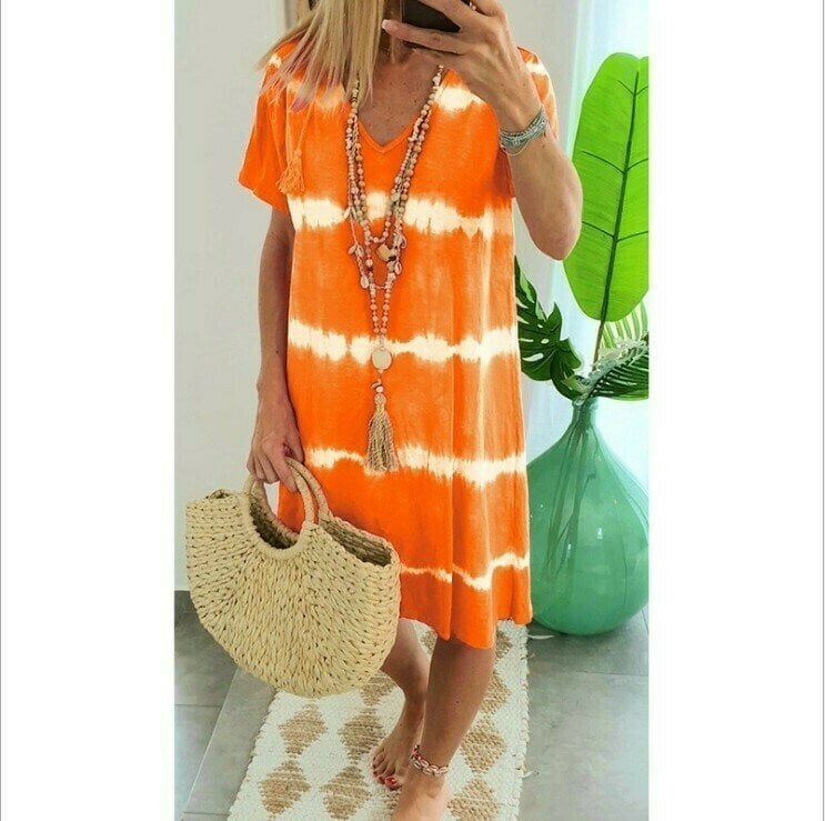 🔥 Letzter Tag! 50% Rabatt Damen Batik-Streifen T-Shirt Kleid 🌴 Lockeres luftiges Freizeitkleid für Sommer & Urlaub