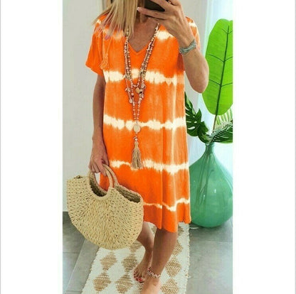 🔥 Letzter Tag! 50% Rabatt Damen Batik-Streifen T-Shirt Kleid 🌴 Lockeres luftiges Freizeitkleid für Sommer & Urlaub