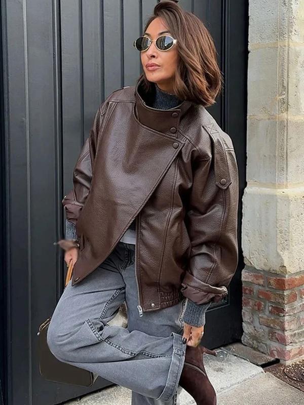 🔥Solange der Vorrat reicht 50 % Rabatt!🎉Schwarze Kunstlederjacke mit Stehkragen, übergroße Motorradjacke