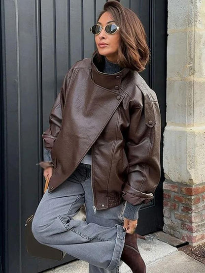 🔥Solange der Vorrat reicht 50 % Rabatt!🎉Schwarze Kunstlederjacke mit Stehkragen, übergroße Motorradjacke