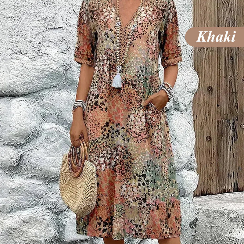 🎁Zeitlich begrenzter Rabatt💃Bedrucktes Midikleid mit V-Ausschnitt für Damen