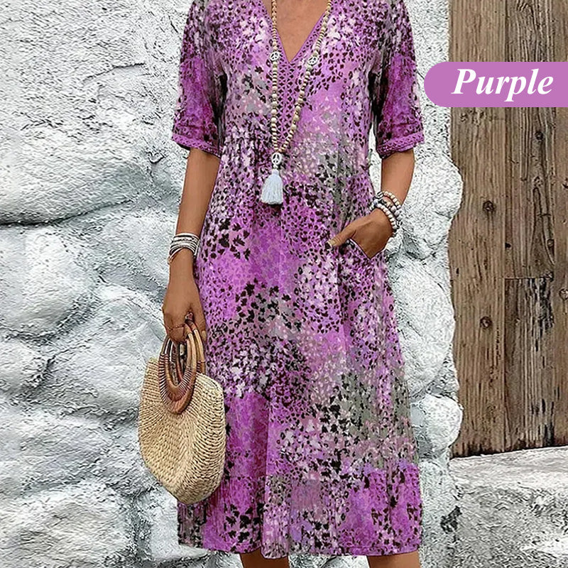 🎁Zeitlich begrenzter Rabatt💃Bedrucktes Midikleid mit V-Ausschnitt für Damen