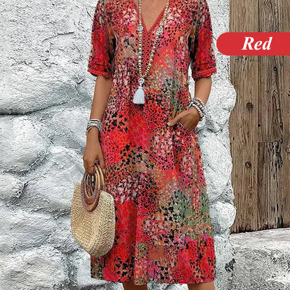 🎁Zeitlich begrenzter Rabatt💃Bedrucktes Midikleid mit V-Ausschnitt für Damen
