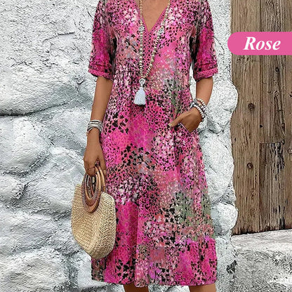 🎁Zeitlich begrenzter Rabatt💃Bedrucktes Midikleid mit V-Ausschnitt für Damen