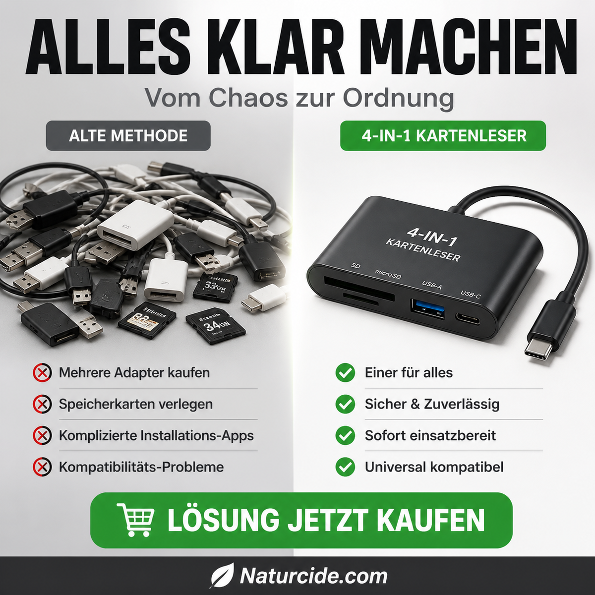 🛍️ 60 % Rabatt – 3-in-1 Speicherkartenleser für Handy & Tablet – USB-C, Lightning, USB-A – Plug & Play für iPhone , Android, PC & Mac 📱