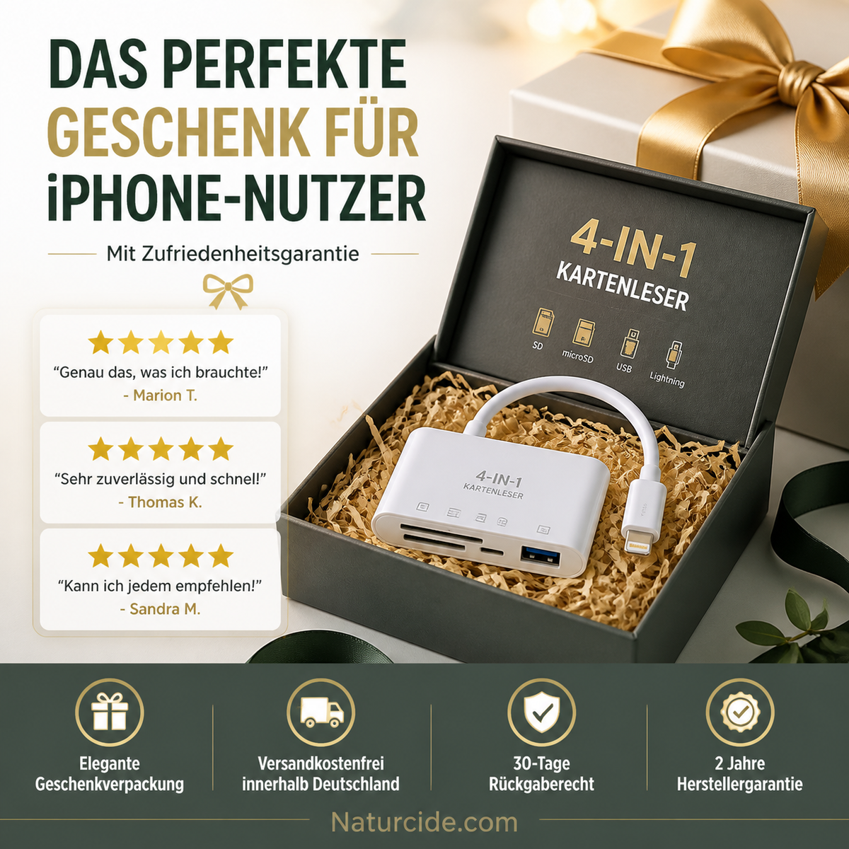 🛍️ 60 % Rabatt – 3-in-1 Speicherkartenleser für Handy & Tablet – USB-C, Lightning, USB-A – Plug & Play für iPhone , Android, PC & Mac 📱