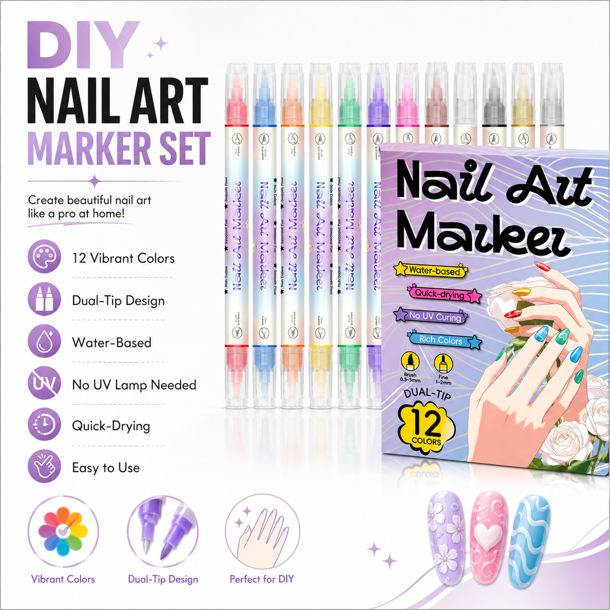 💅 24-farbige Nagelkunststifte mit zwei Spitzen – Einfache DIY-Nageldesigns