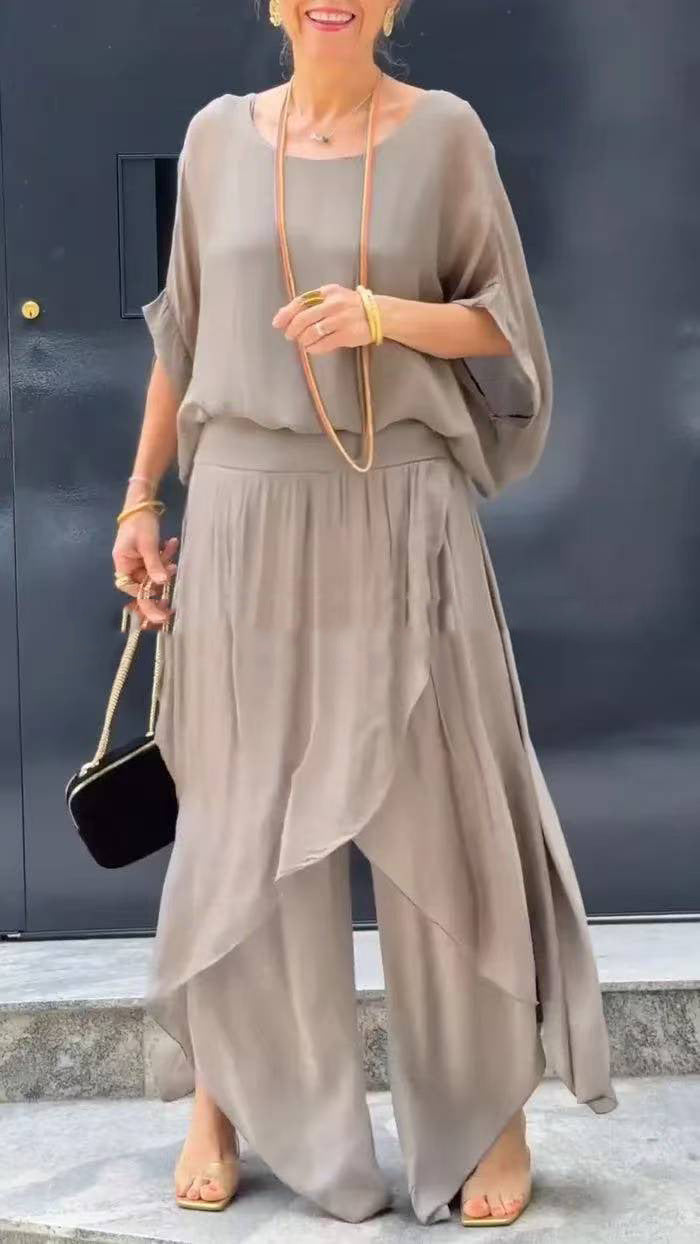 💗2-teiliges Set aus Chiffon mit lockerem Oberteil und weiten Schlitzhosen