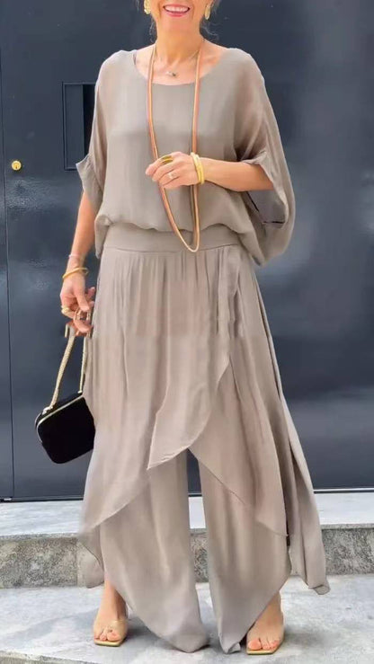 💗2-teiliges Set aus Chiffon mit lockerem Oberteil und weiten Schlitzhosen