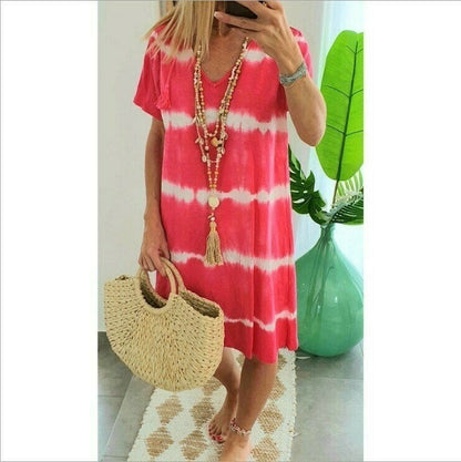 🔥 Letzter Tag! 50% Rabatt Damen Batik-Streifen T-Shirt Kleid 🌴 Lockeres luftiges Freizeitkleid für Sommer & Urlaub