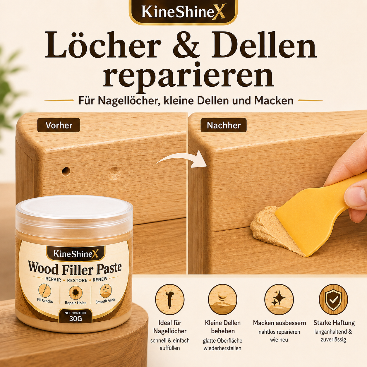 Holzspachtelmasse zum Ausbessern von Rissen und Löchern an Möbeln – Reparaturset