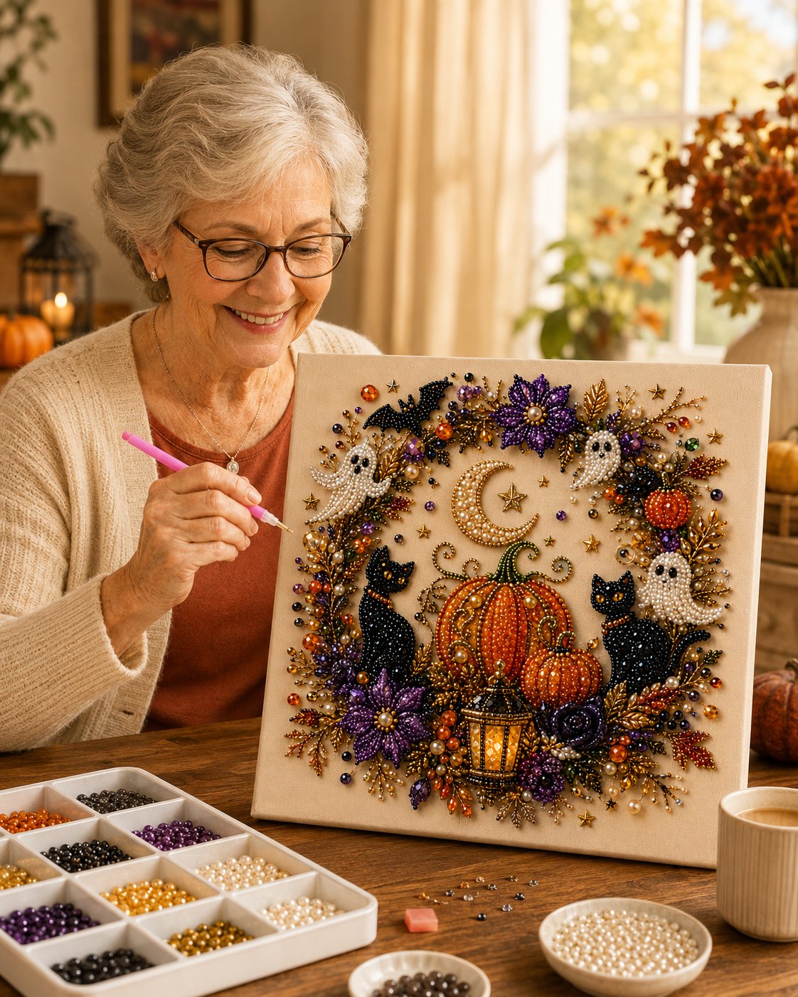 💥 Letzter Tag 50% RABATT👻✨50.000 VERKAUFT!🎃 Halloween Perlkunst DIY-Kit – Keine Malfähigkeiten erforderlich, einfach Perlen zuordnen und platzieren. Erstelle gruselig-süße Dekoration für ein gemütliches Herbst-Zuhause! 🧵🖼️