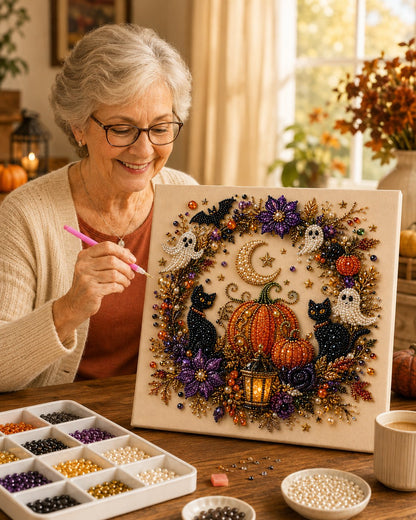 💥 Letzter Tag 50% RABATT👻✨50.000 VERKAUFT!🎃 Halloween Perlkunst DIY-Kit – Keine Malfähigkeiten erforderlich, einfach Perlen zuordnen und platzieren. Erstelle gruselig-süße Dekoration für ein gemütliches Herbst-Zuhause! 🧵🖼️