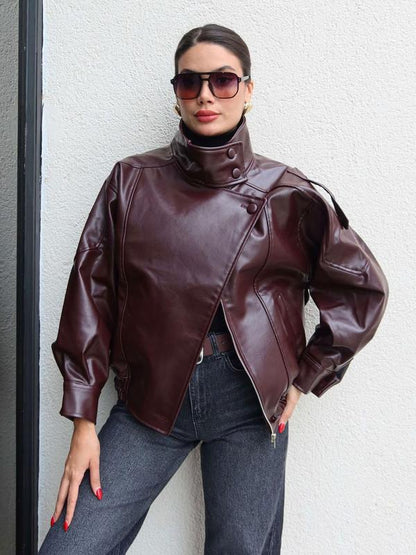 🔥Solange der Vorrat reicht 50 % Rabatt!🎉Schwarze Kunstlederjacke mit Stehkragen, übergroße Motorradjacke