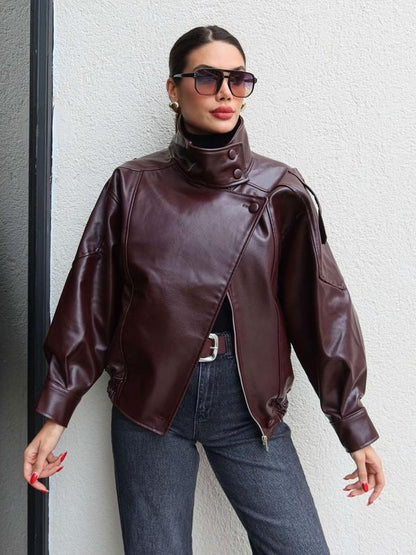🔥Solange der Vorrat reicht 50 % Rabatt!🎉Schwarze Kunstlederjacke mit Stehkragen, übergroße Motorradjacke