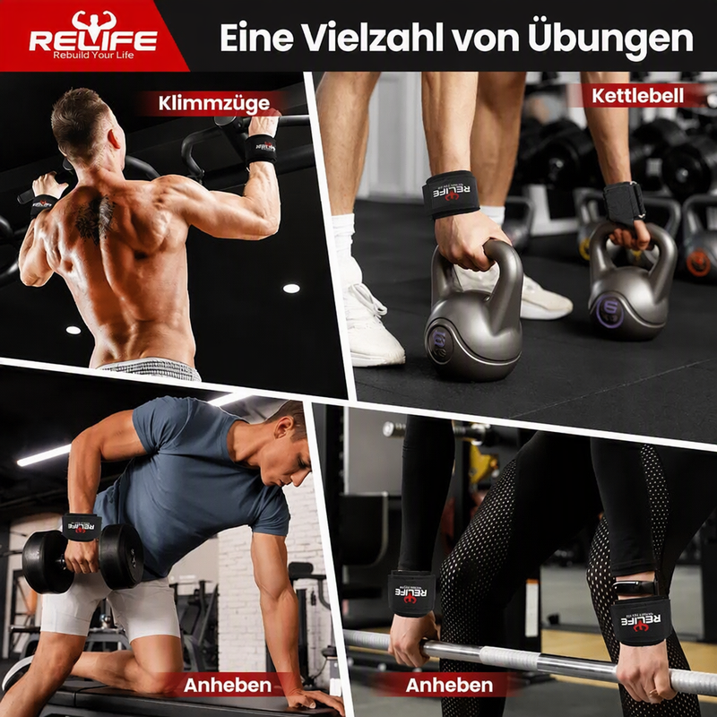 RELIFESPORTS Verstellbare Gewichtheber Handgelenkbänder (Paar) – Professionelle Wrist Straps & Lifting Grips für Krafttraining, Deadlifts, Klimmzüge und Fitnessstudio, Stabiler Handgelenkschutz für Damen und Herren