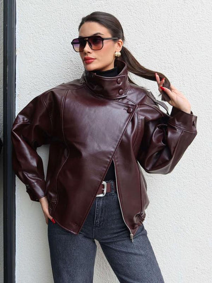 🔥Solange der Vorrat reicht 50 % Rabatt!🎉Schwarze Kunstlederjacke mit Stehkragen, übergroße Motorradjacke