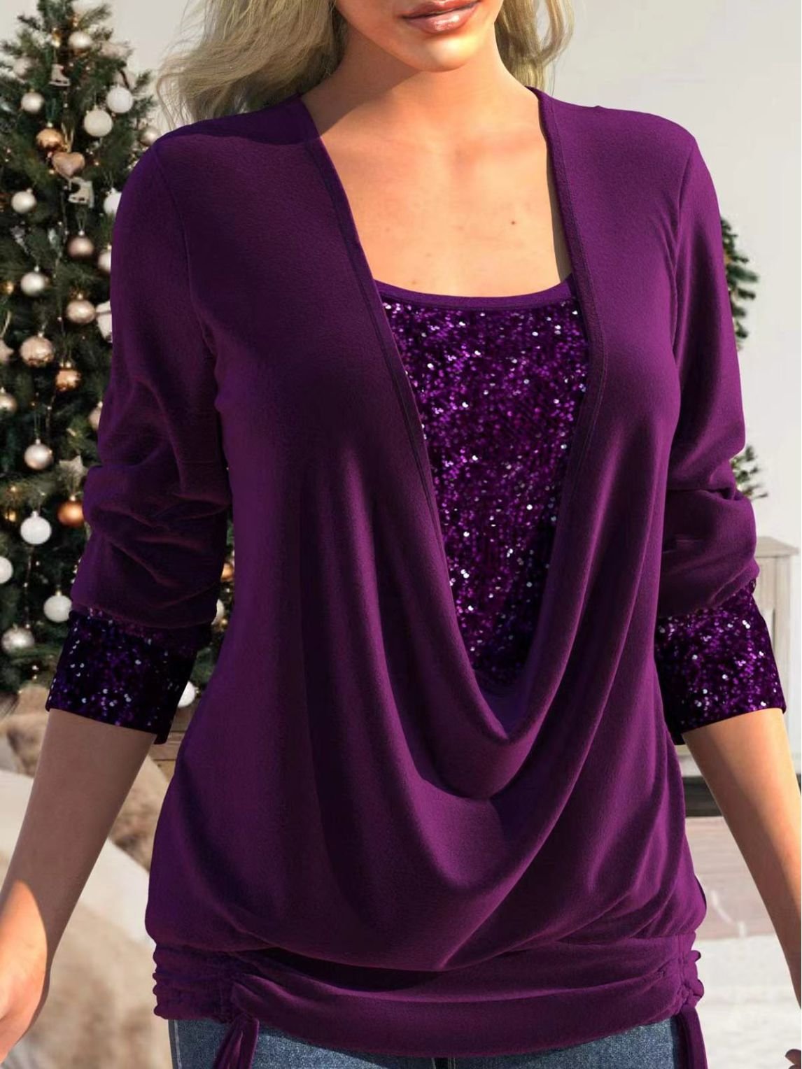 ✨ 50% RABATT JETZT! ✨ Pailletten Fake-Zweiteiler-Top - Elastisches Glitzerstoff-Design mit Raffung für festliche Anlässe 💃🎉