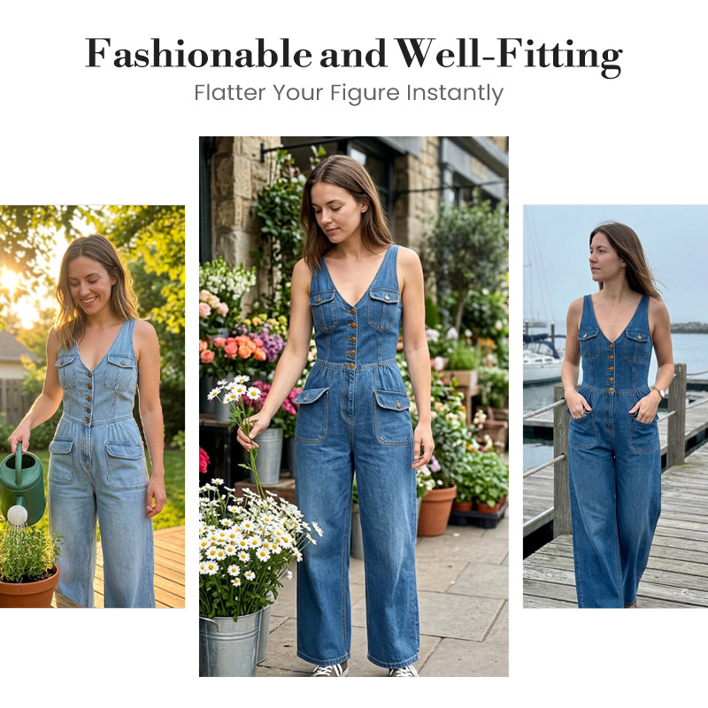 ⏳💫 ZEITLICH BEGRENZTES ANGEBOT! Ärmelloser Damen Jeans-Overall mit V-Ausschnitt & Weitbein