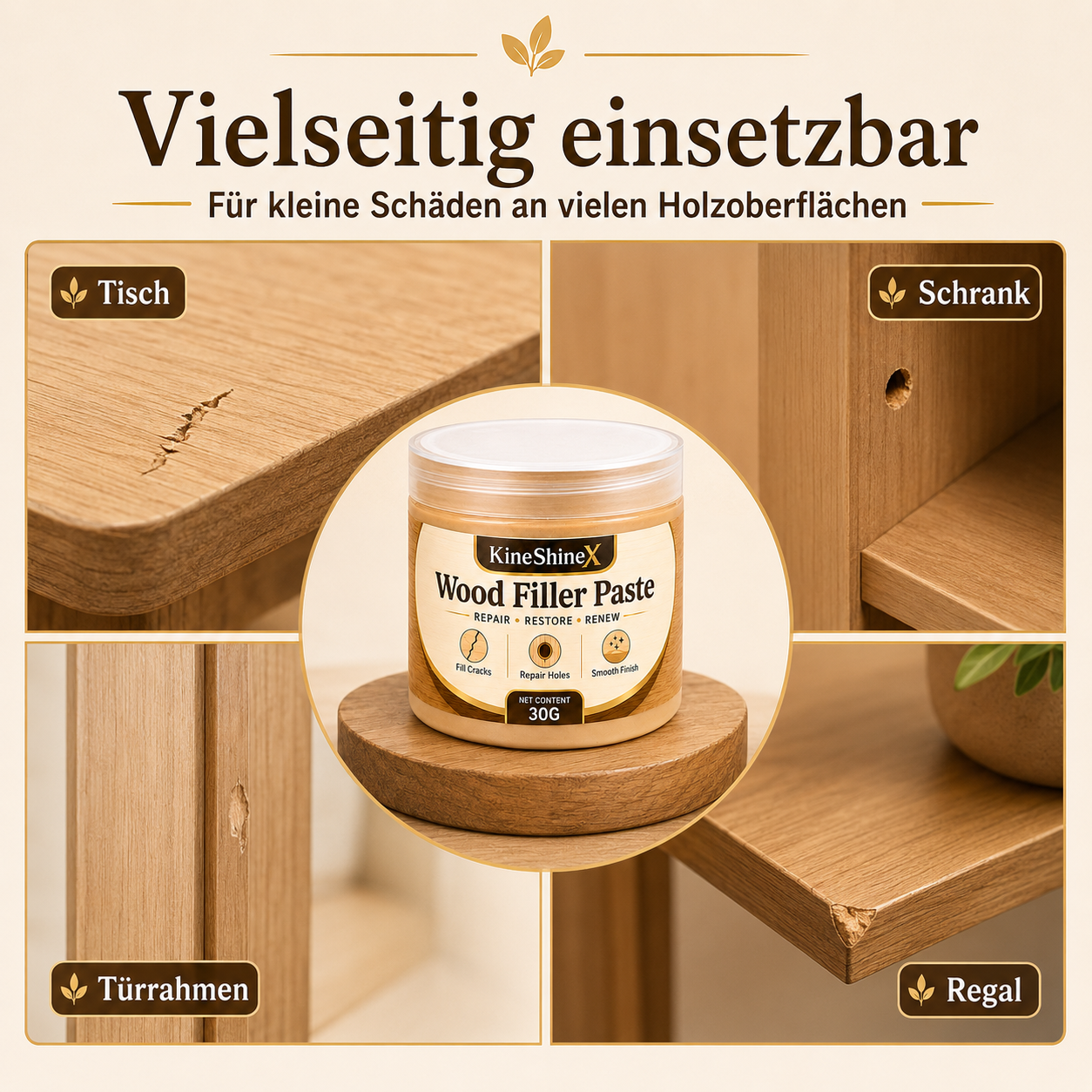 Holzspachtelmasse zum Ausbessern von Rissen und Löchern an Möbeln – Reparaturset