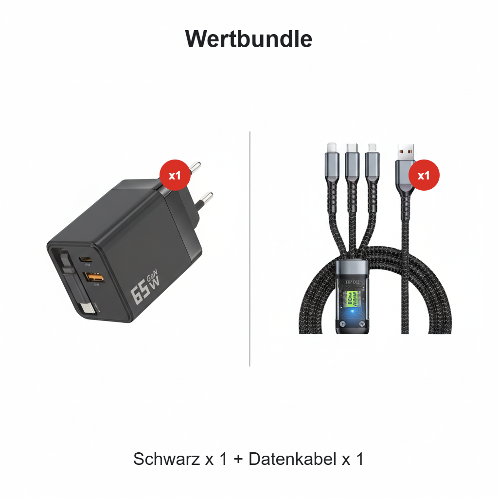 3-in-1-GaN-Ladegerät, 80 W MAX skalierbares Schnelllademodul mit Typ-C-Kabel und 2 USB-Anschlüssen
