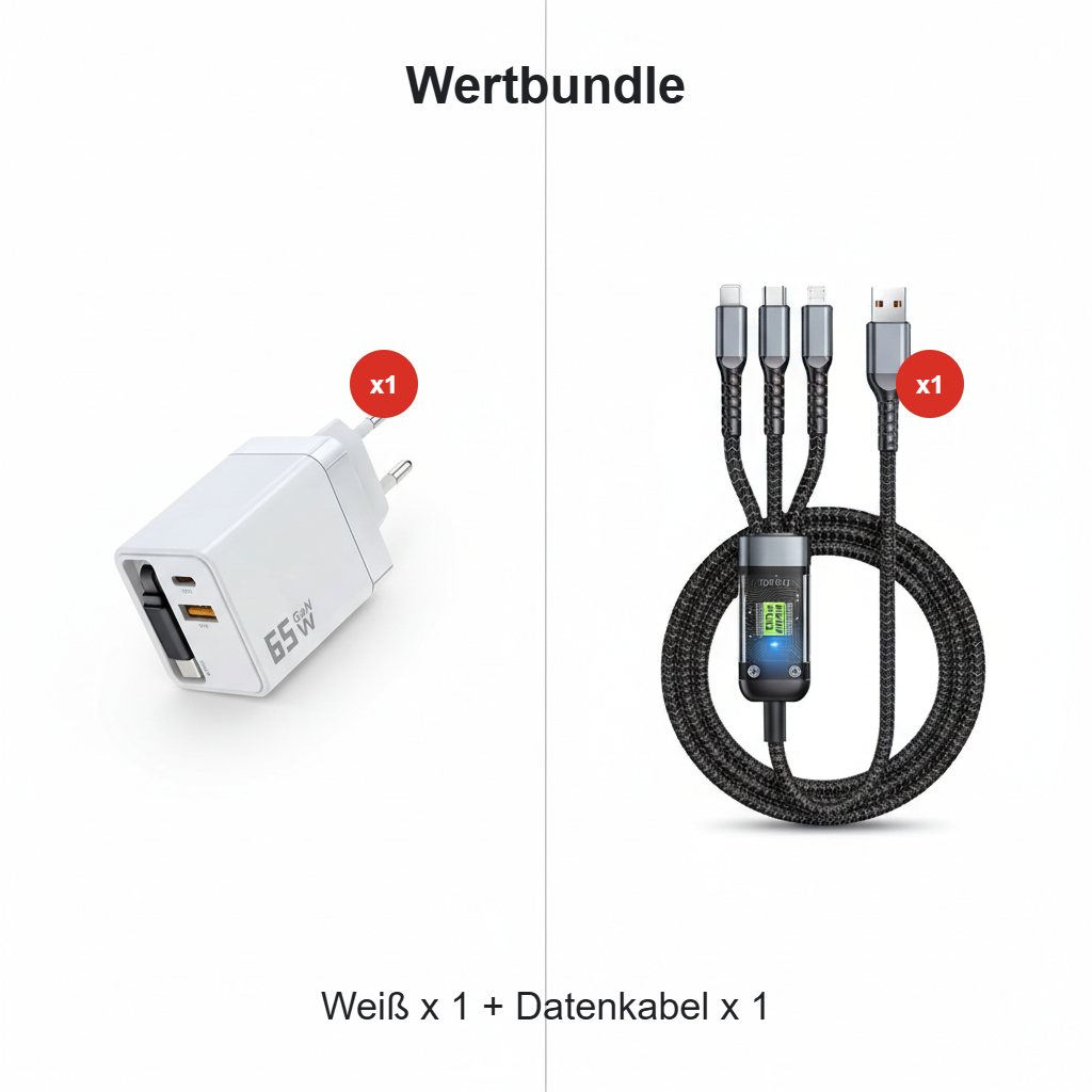 3-in-1-GaN-Ladegerät, 80 W MAX skalierbares Schnelllademodul mit Typ-C-Kabel und 2 USB-Anschlüssen