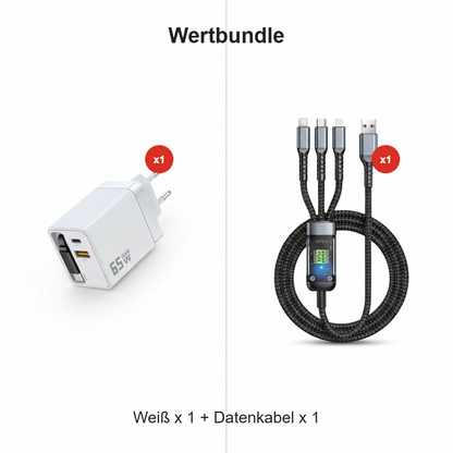 3-in-1-GaN-Ladegerät, 80 W MAX skalierbares Schnelllademodul mit Typ-C-Kabel und 2 USB-Anschlüssen