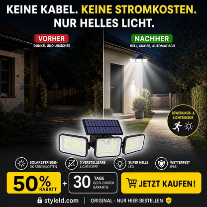 ☀️🔋 LIMITIERTES ANGEBOT: 50% RABATT – 3-Kopf Solar-Sicherheitsleuchte mit Bewegungsmelder, 360° einstellbar & wetterfest 💡🏠 Perfekt für Einfahrt, Garage & Garten – Keine Stromkosten, automatische Aktivierung bei Dunkelheit.