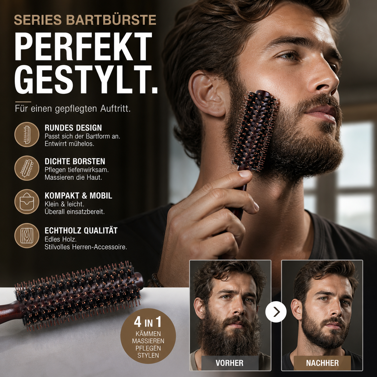 🧔50% RABATT⏰Viking‑Bartbürste, handlich hochdichte Borsten, ideale Bartpflege für Männer✨