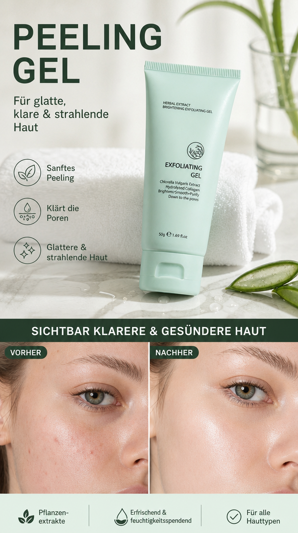 Kräuter-Exfoliating Gel mit Chlorella & Kollagen – Aufhellendes Peeling für glatte, reine Haut