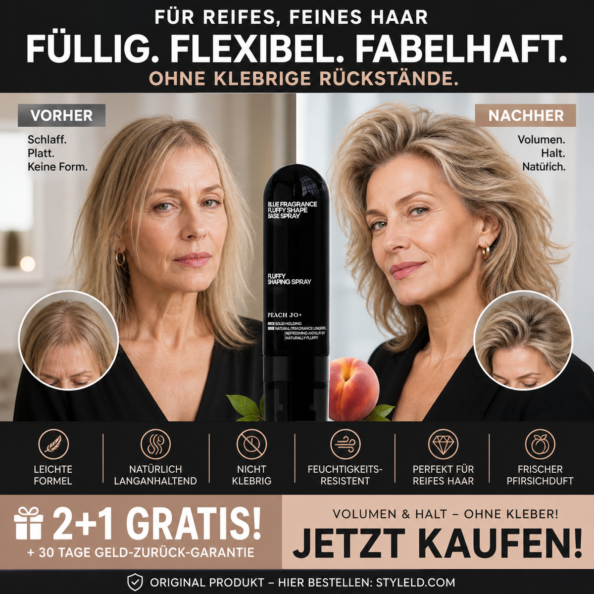 🍑✨Haar‑Volumen‑Spray mit Pfirsichduft, langanhaltend, gibt mehr Fülle, leichtes Styling‑Spray für glattes, flaches Haar