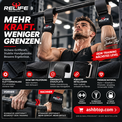 RELIFESPORTS Verstellbare Gewichtheber Handgelenkbänder (Paar) – Professionelle Wrist Straps & Lifting Grips für Krafttraining, Deadlifts, Klimmzüge und Fitnessstudio, Stabiler Handgelenkschutz für Damen und Herren