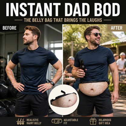 🥳Dadbag | Realistischer Fake-Bierbauch | Lustige Bauchtasche für Männer | Witziges Geschenk mit Bauchnabel und behaarter Brust | Verstellbarer schwarzer Riemen