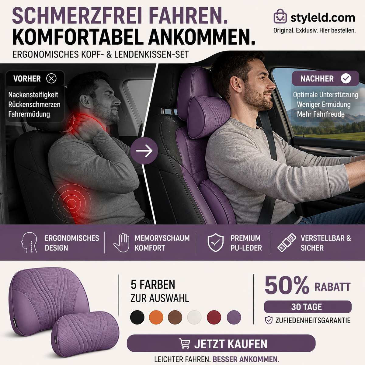 🚗💺 Lordosen- & Nackenstütze – ergonomisch, atmungsaktiv, verstellbar – Rückenschmerzen adé! 🌿