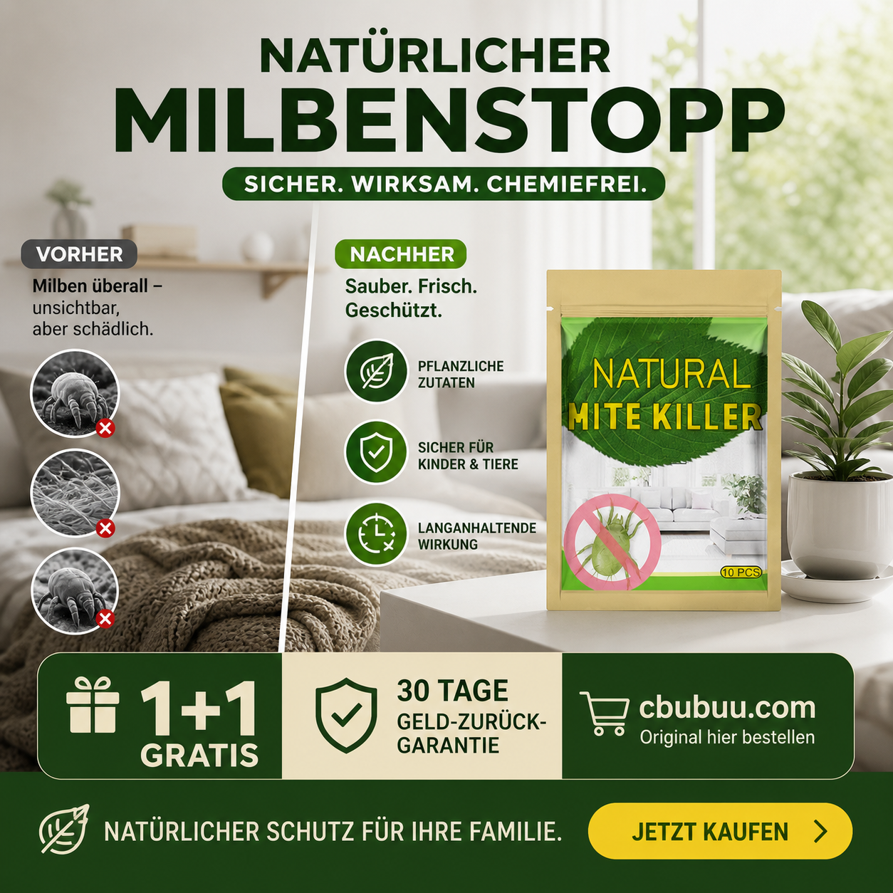 🧴🔥 HEISSER VERKAUF! Natürliches Milbenbekämpfungssäckchen – Pflanzlich, geruchsneutral & langanhaltend – Perfekt für Matratze, Sofa, Teppich & Kleiderschrank – Schützt Allergiker & Haushalt ✨
