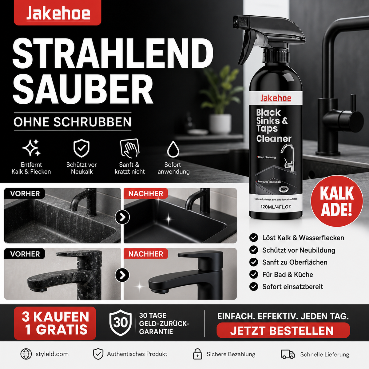 🚿🔥Spray für schwarze Waschbecken und Wasserhähne, Spray zur Entfernung hartnäckiger Wasserflecken