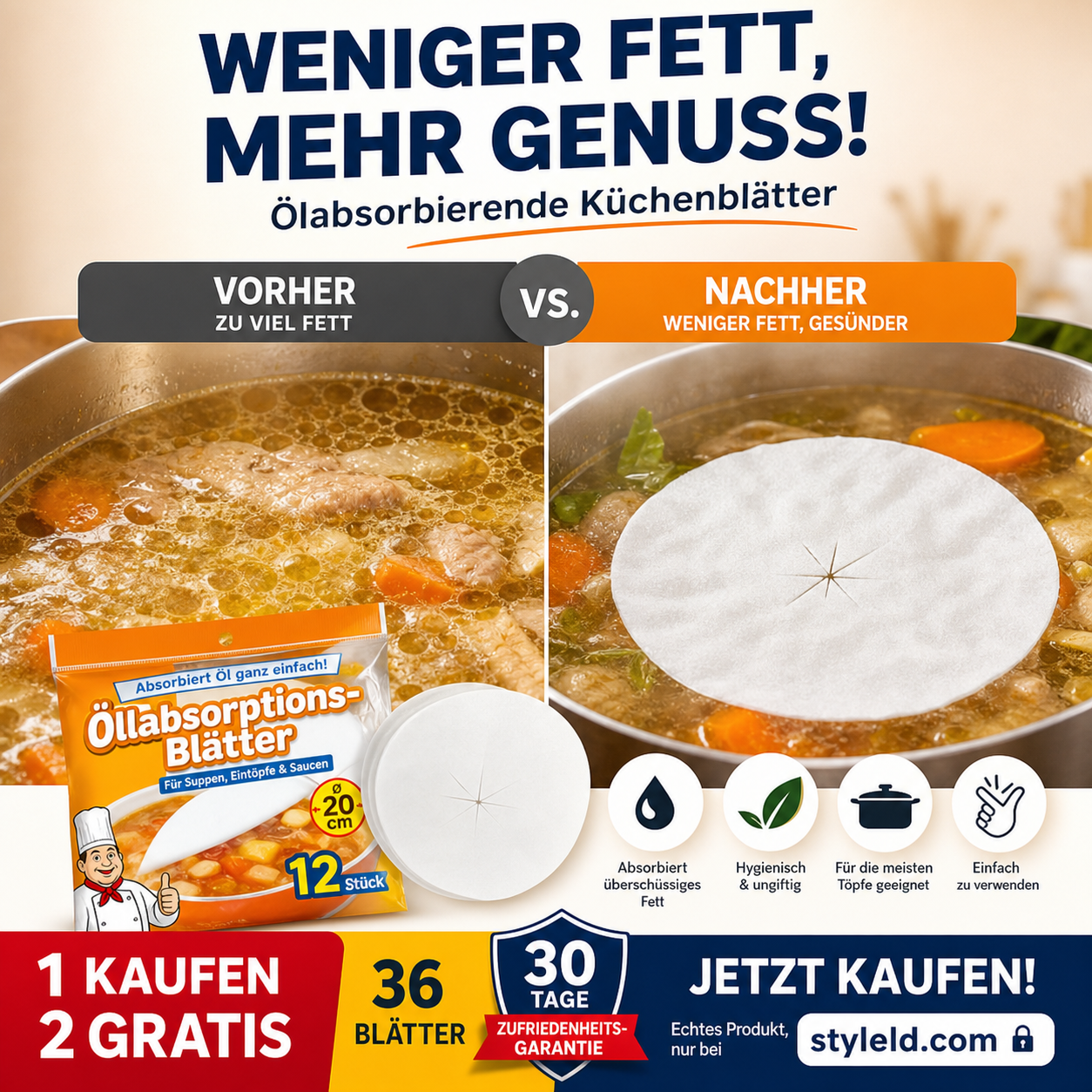 🍳💧 Öl-Fett-Absorber – 12 Blätter, saugt überschüssiges Fett auf – für leichtere Mahlzeiten! 🌿