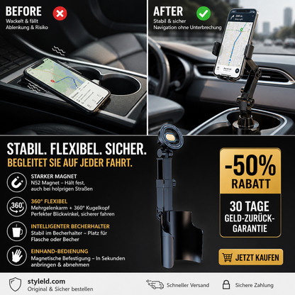Auto-Getränkehalter-Telefonhalterung – 360° verstellbar, starker N52-Magnet, Einhandbedienung, passend für alle Telefone, stabile Magnet- und Klemmmodelle für sicheres Fahren