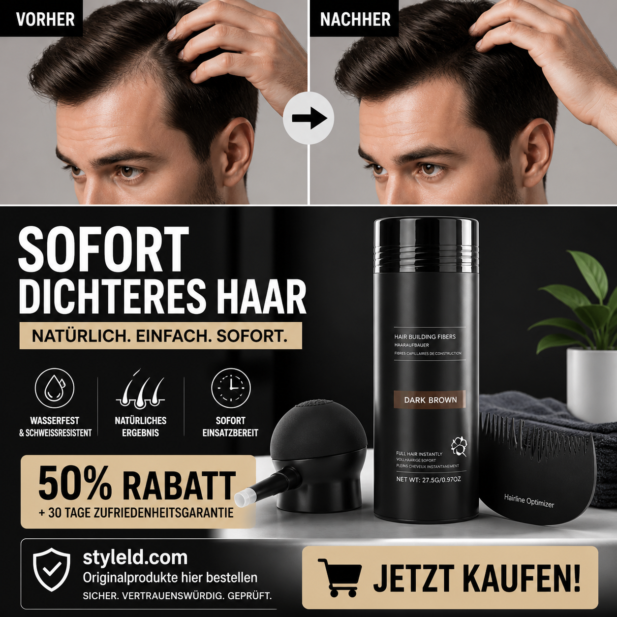 💆‍♀️💯 Haarfasern-Set – kaschiert kahle Stellen, wasserfest & natürlich – sofort mehr Volumen! ✨