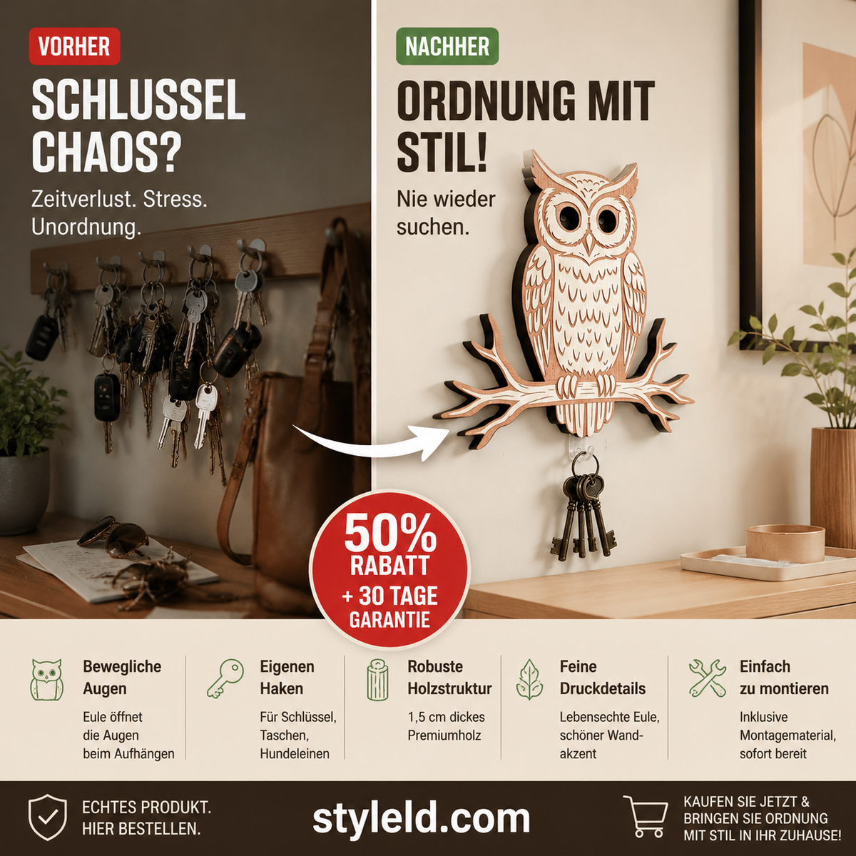 🔑🦉 Eulen-Schlüsselhalter – 5 Haken, Wandmontage, robust – perfekt für Schlüssel, Schmuck & Accessoires! 🌟