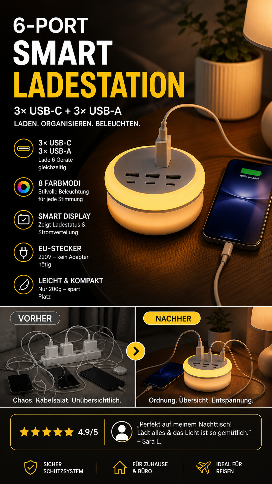 🔋⚡ 6‑Port USB-Ladestation – 60 W, kompatibel mit allen Geräten, platzsparend – alle Geräte gleichzeitig laden – jetzt -50 %! 📱