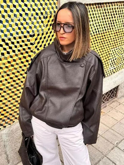 🔥Solange der Vorrat reicht 50 % Rabatt!🎉Schwarze Kunstlederjacke mit Stehkragen, übergroße Motorradjacke