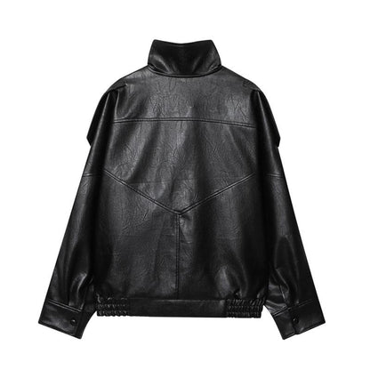 🔥Solange der Vorrat reicht 50 % Rabatt!🎉Schwarze Kunstlederjacke mit Stehkragen, übergroße Motorradjacke