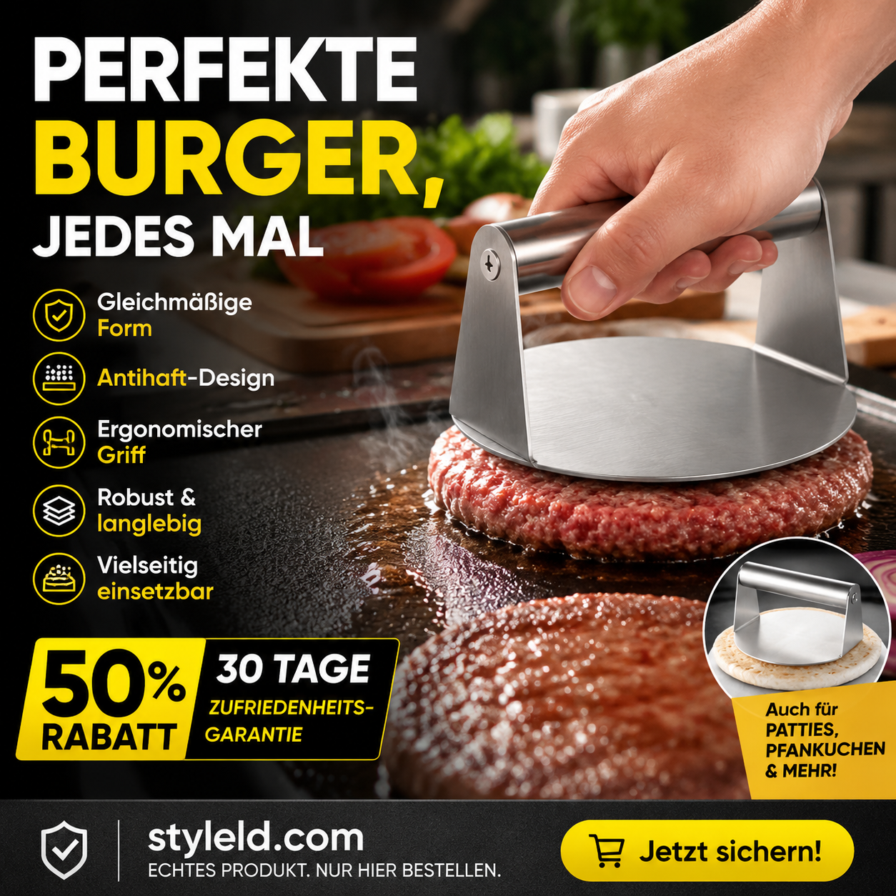 🍔🛡️ Burgerpresse – antihaft, langlebig & einfach zu reinigen – perfekte Patties! 🌟