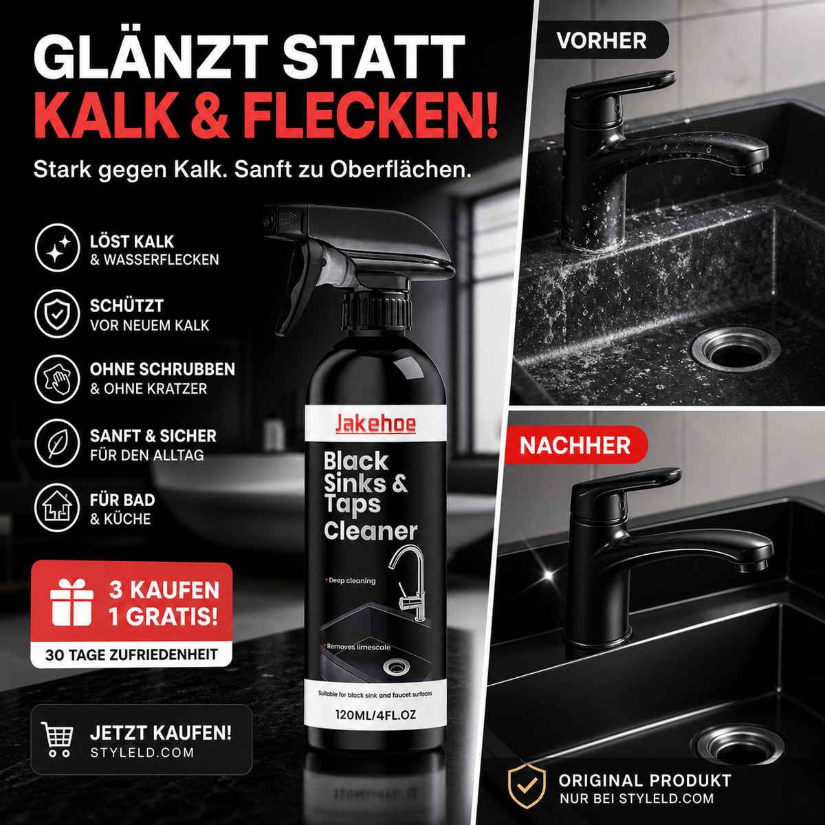 🚿🔥Spray für schwarze Waschbecken und Wasserhähne, Spray zur Entfernung hartnäckiger Wasserflecken