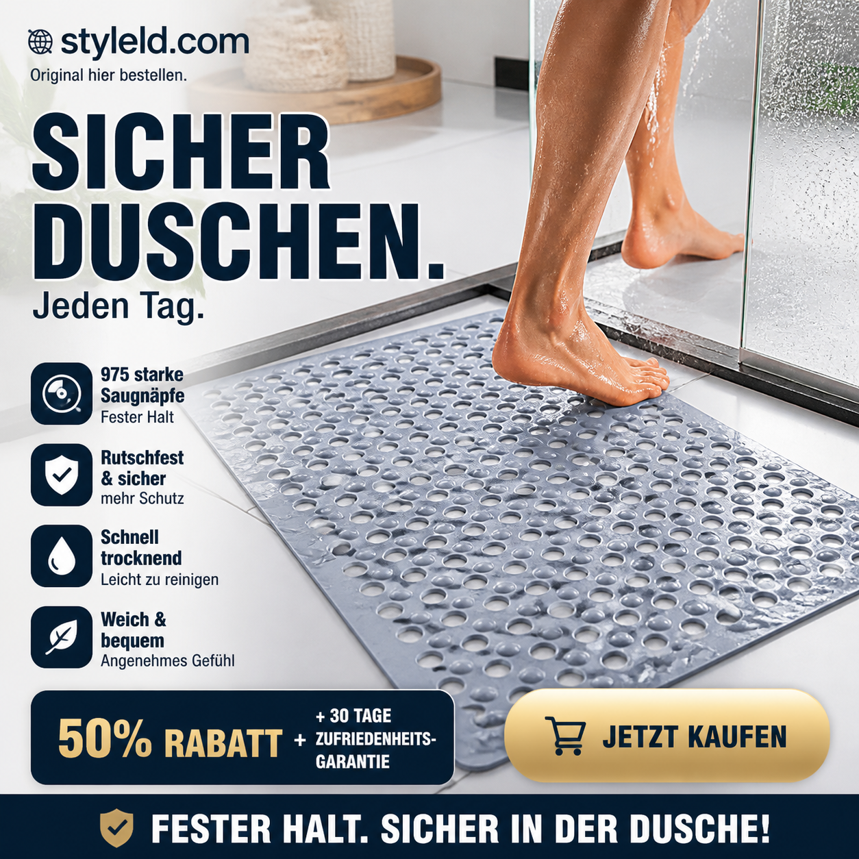 🚿 50% RABATT! 🛁 Rutschfeste Badezimmermatte mit Saugnäpfen – Ideal Für Dusche, Bad & WC, Schützt Vor Stürzen & Leicht Zu Reinigen 🧼