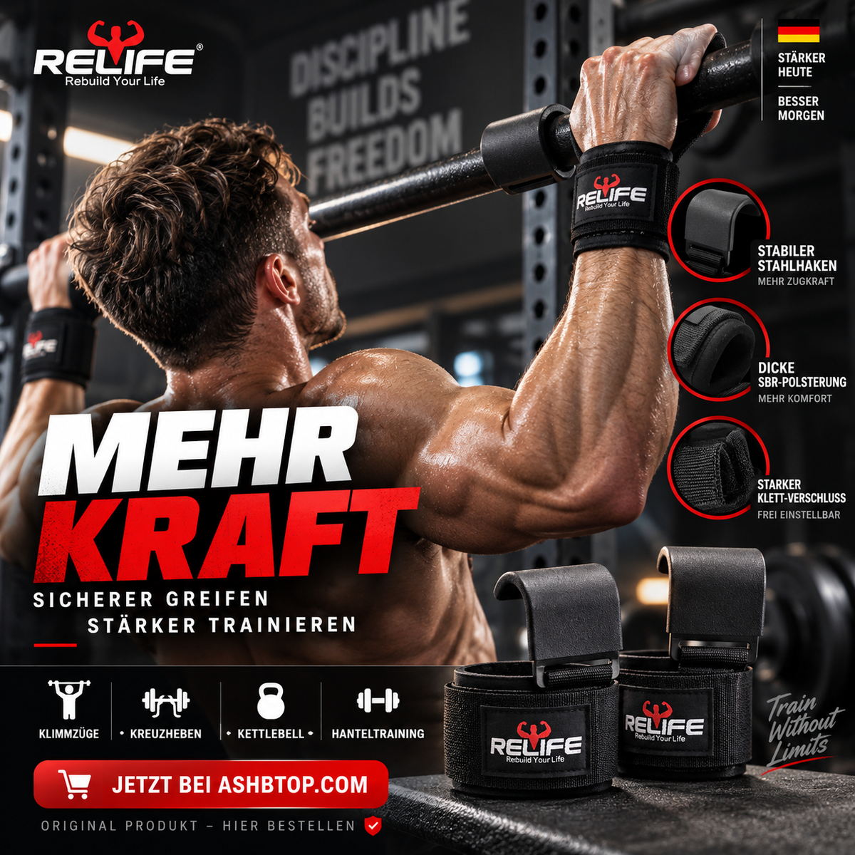 RELIFESPORTS Verstellbare Gewichtheber Handgelenkbänder (Paar) – Professionelle Wrist Straps & Lifting Grips für Krafttraining, Deadlifts, Klimmzüge und Fitnessstudio, Stabiler Handgelenkschutz für Damen und Herren