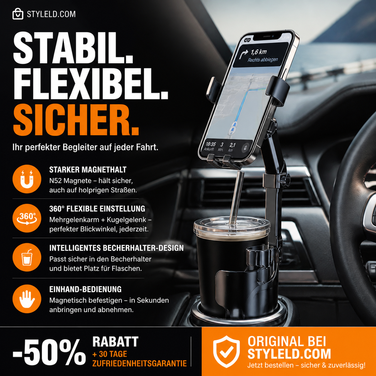 Auto-Getränkehalter-Telefonhalterung – 360° verstellbar, starker N52-Magnet, Einhandbedienung, passend für alle Telefone, stabile Magnet- und Klemmmodelle für sicheres Fahren