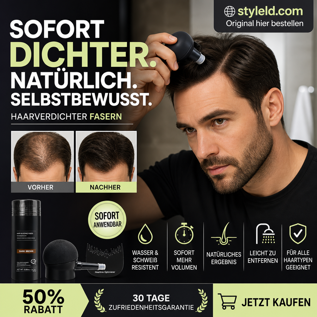💆‍♀️💯 Haarfasern-Set – kaschiert kahle Stellen, wasserfest & natürlich – sofort mehr Volumen! ✨