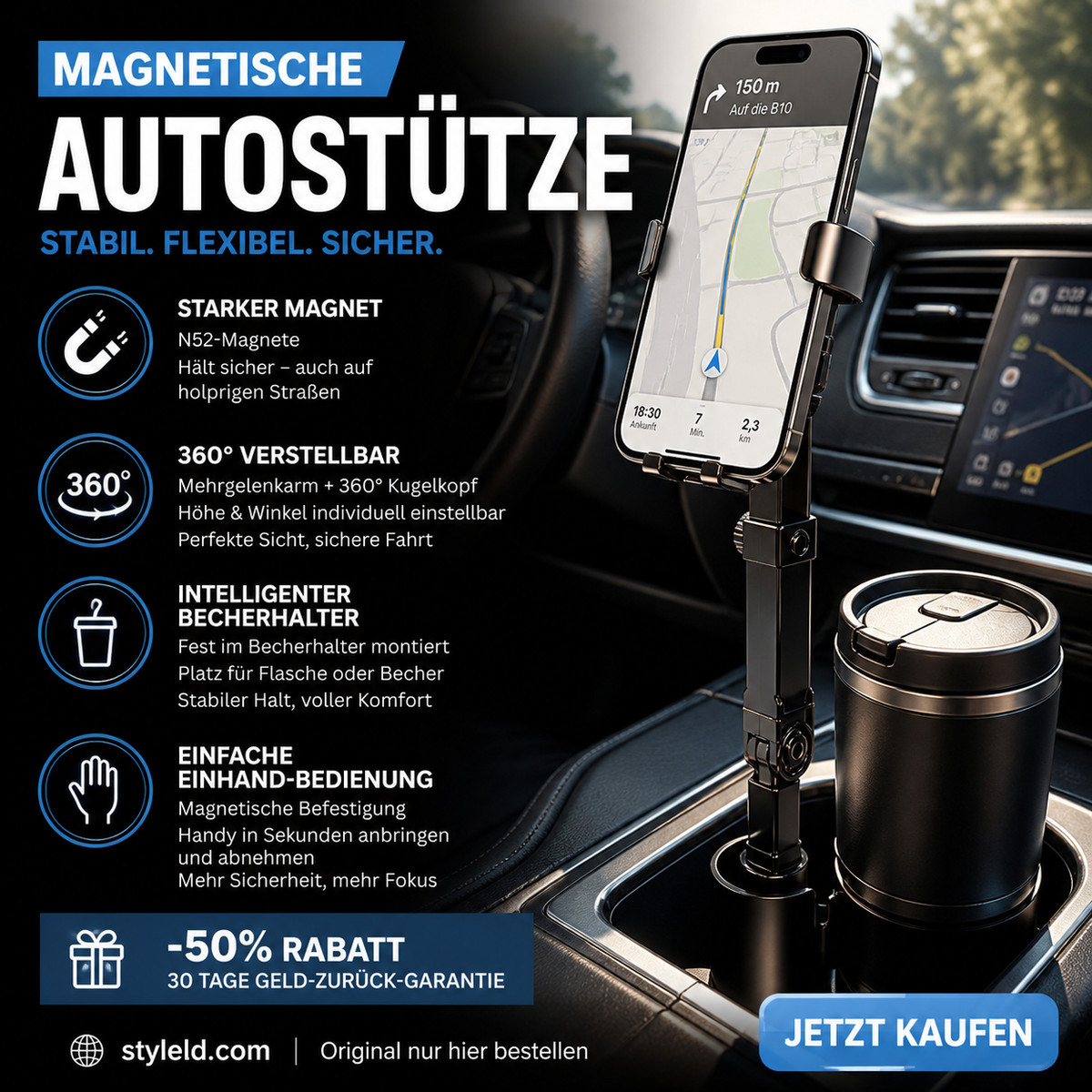 Auto-Getränkehalter-Telefonhalterung – 360° verstellbar, starker N52-Magnet, Einhandbedienung, passend für alle Telefone, stabile Magnet- und Klemmmodelle für sicheres Fahren